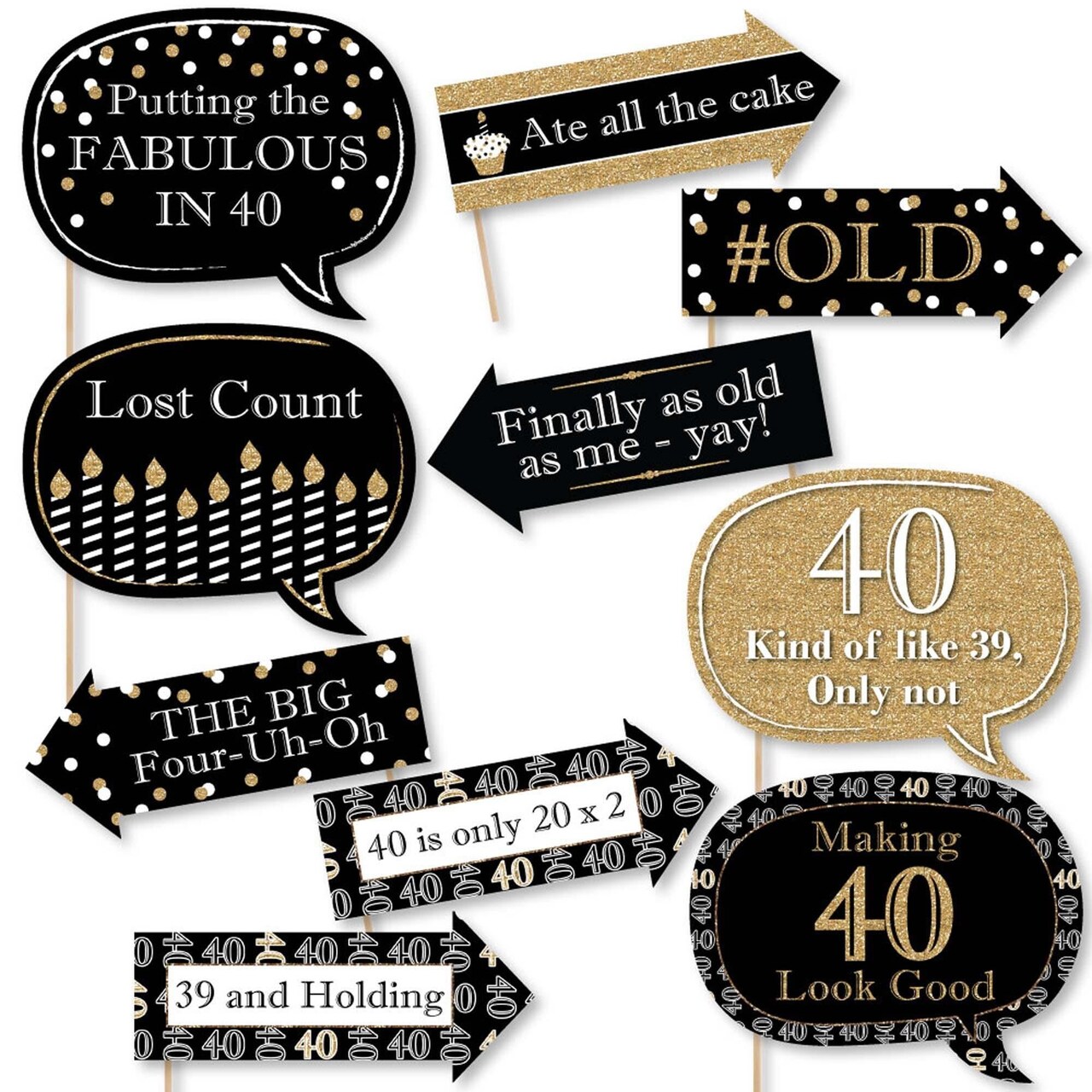 Big Dot of Happiness Funny Adult 40th Birthday - Gold - Birthday Party Photo Booth Props Kit - 10 Piece